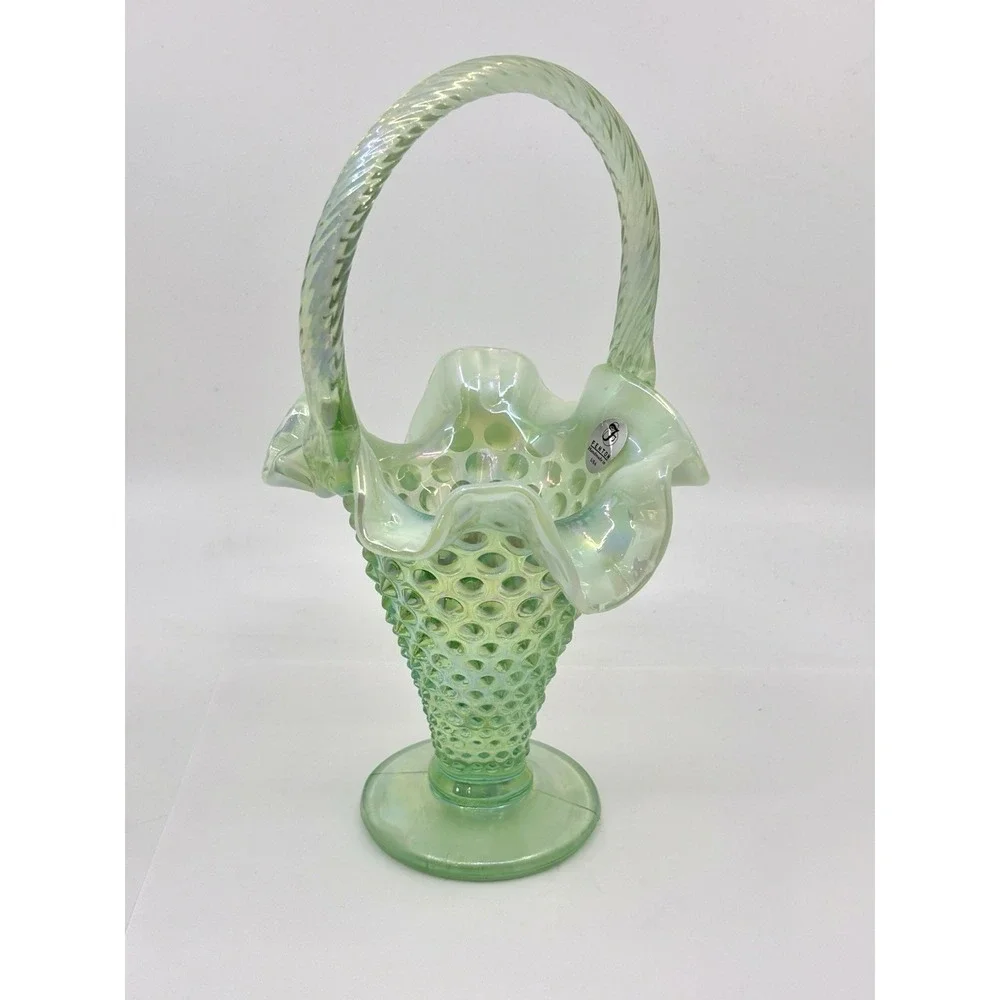 Vintage FENTON Sea Mist Green Opalescent Hobnail  Basket  w/ Twisted Handle